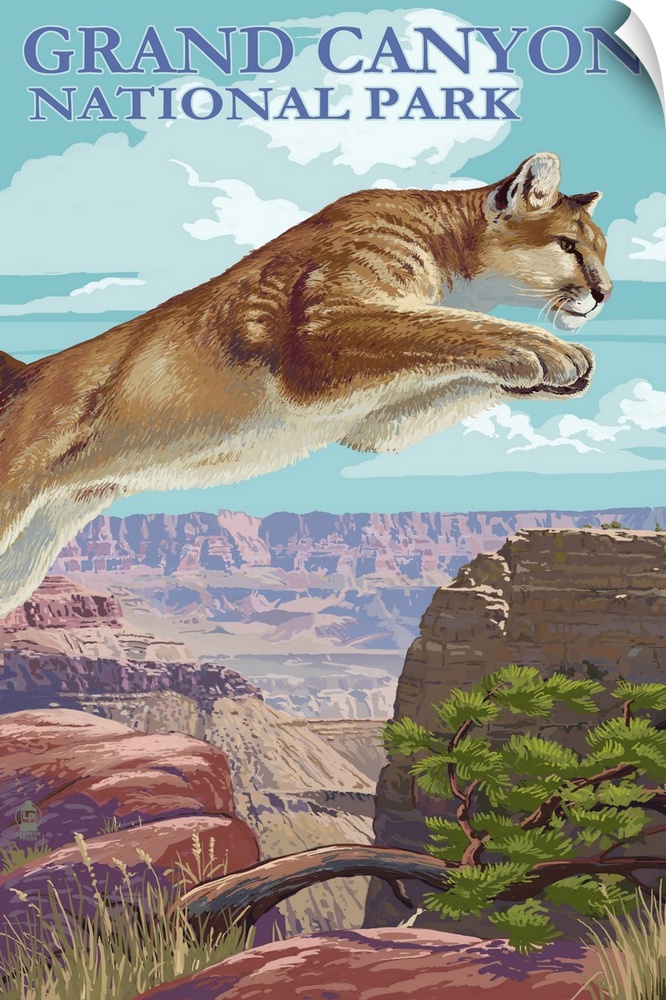 Retro stylized art poster of a mountain lion leaping into the air, with a vast canyon in the background.