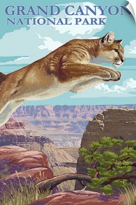 Grand Canyon National Park - Cougar Jumping: Retro Travel Poster