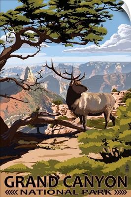Grand Canyon National Park - Elk and Point Imperial: Retro Travel Poster