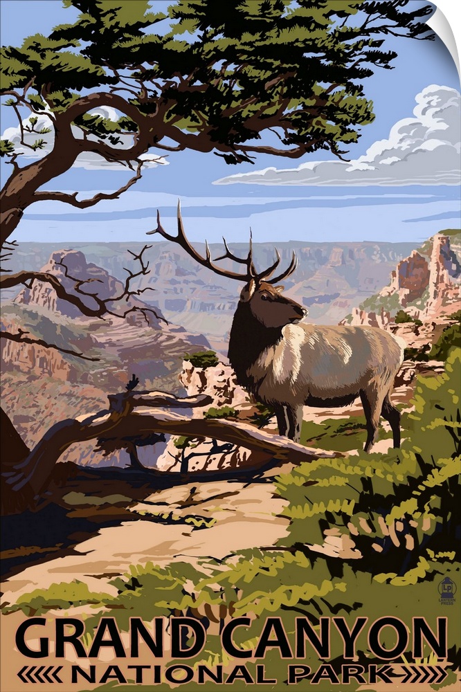 Retro stylized art poster of a large deer standing in front of the Grand Canyon.