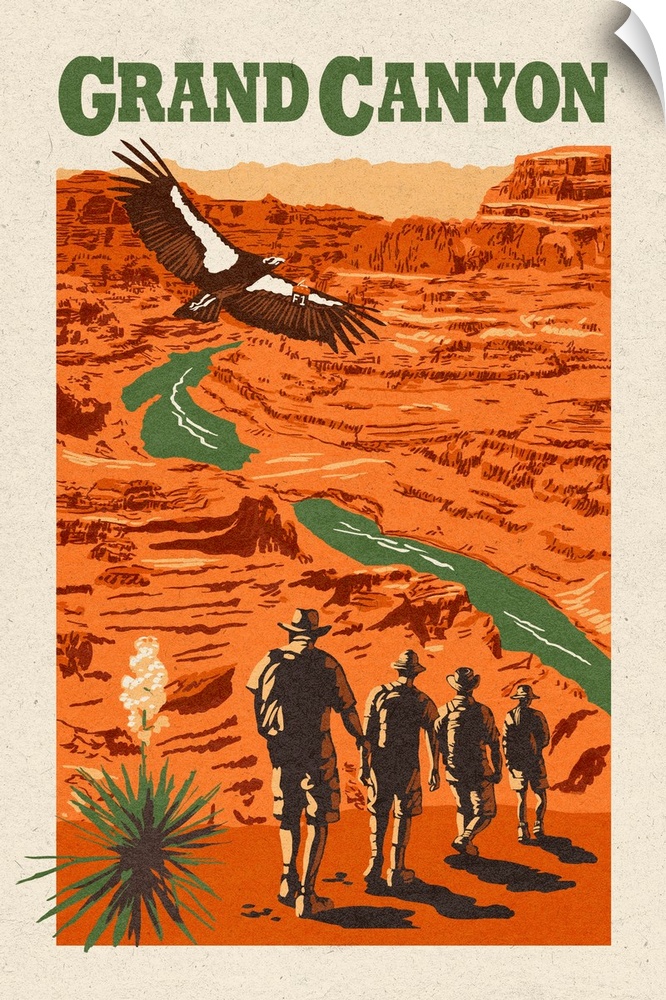 Grand Canyon National Park, Hiking In The Desert: Retro Travel Poster