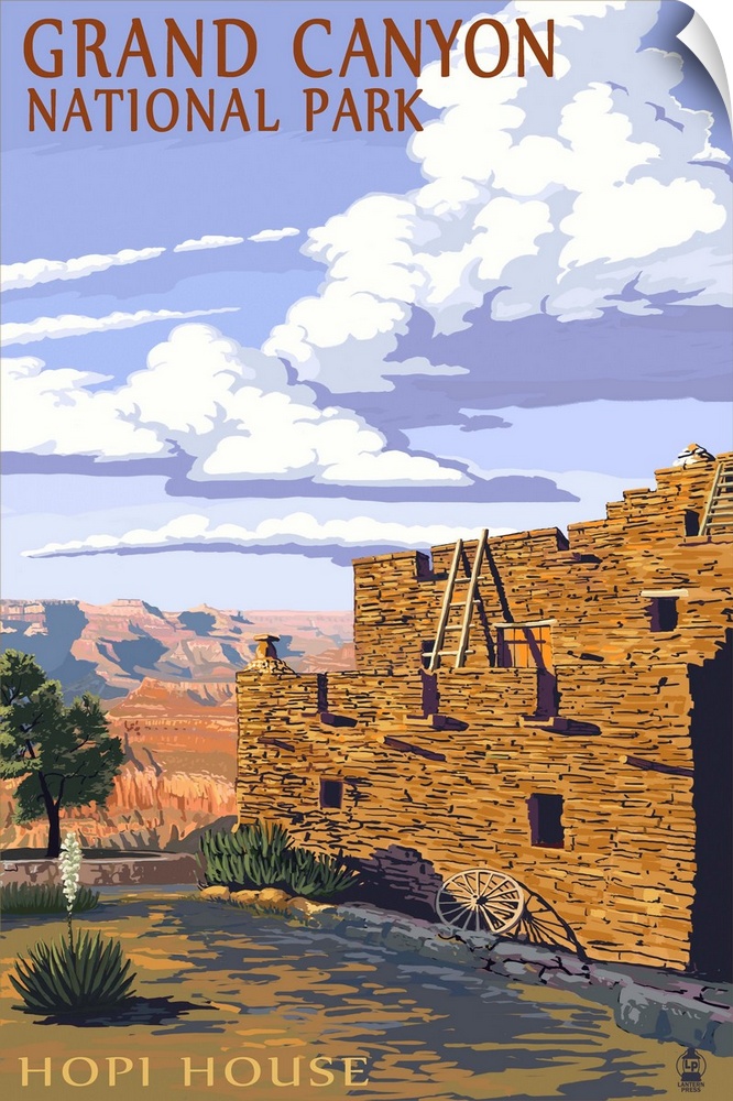 Retro stylized art poster of an old shelter made of stone. Overlooking a massive canyon.