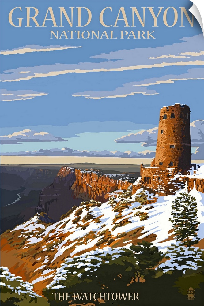 Retro stylized art poster of a watchtower overlooking a giant canyon.