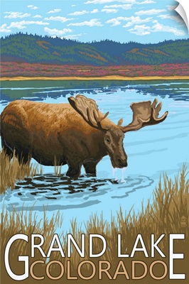 Grand Lake, Colorado - Moose and Lake: Retro Travel Poster