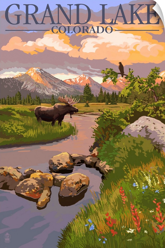 Retro stylized art poster of a moose standing beside a stream, with mountains in the background.