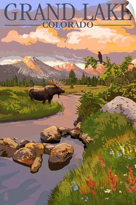 Grand Lake, Colorado - Moose and Meadow: Retro Travel Poster