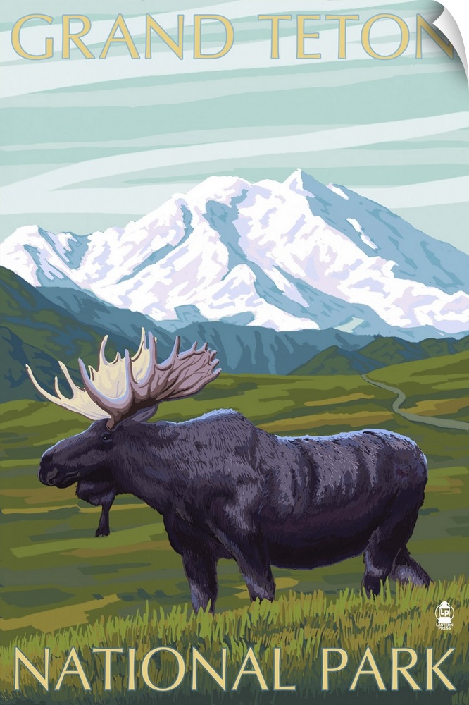 Grand Teton National Park - Moose and Mountain: Retro Travel Poster