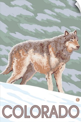 Gray Wolf Standing - Colorado: Retro Travel Poster