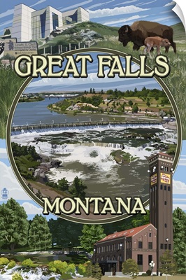 Great Falls, Montana - Montage: Retro Travel Poster
