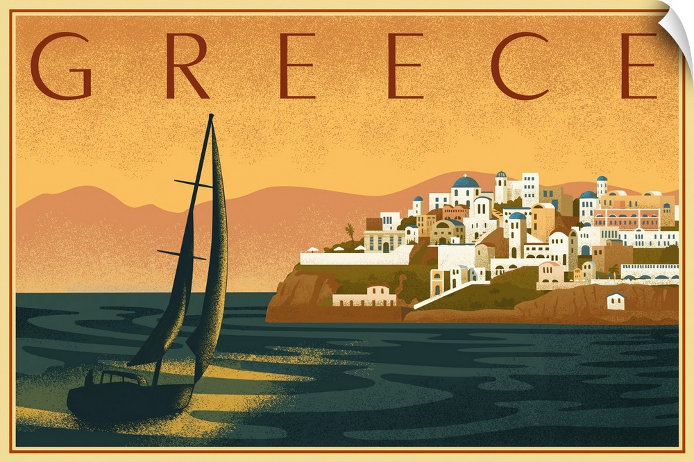 Greece - City with Sailboat - Lithograph