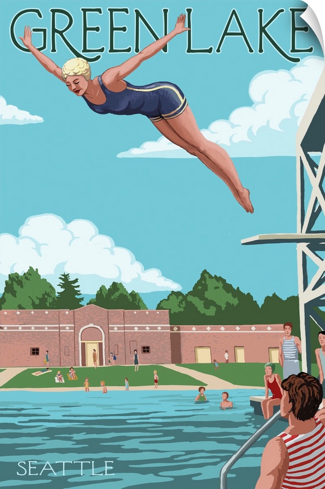 Retro stylized art poster of a woman diving into a large swimming pool, from a diving board.