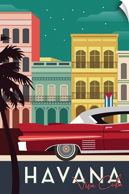 Havana, Cuba - Buildings & Vintage Car - Vector