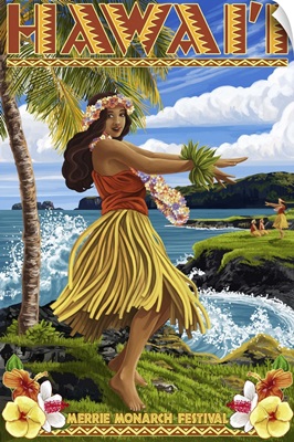 Hawaii Hula Girl on Coast - Merrie Monarch Festival: Retro Travel Poster
