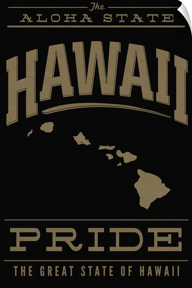 The Hawaii state outline on black with gold text.