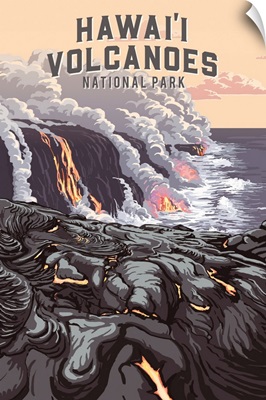 Hawaii Volcanoes National Park, Lava Cooling: Retro Travel Poster