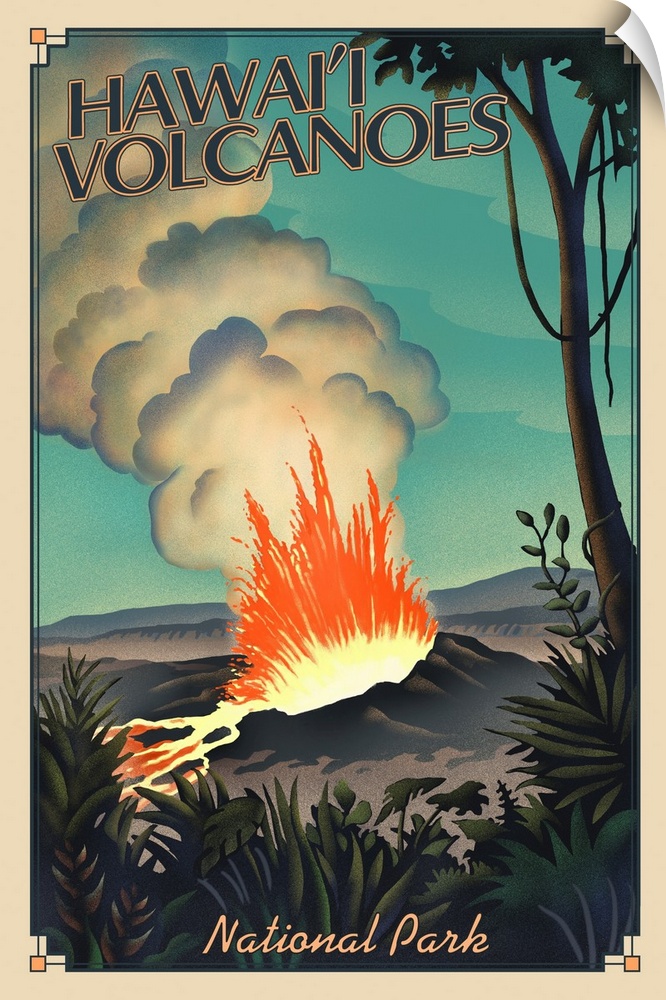 Hawaii Volcanoes National Park, Volcano Erupting: Retro Travel Poster