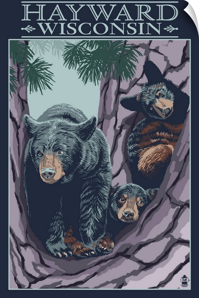 Hayward, Wisconsin - Bear and Cubs in Tree: Retro Travel Poster