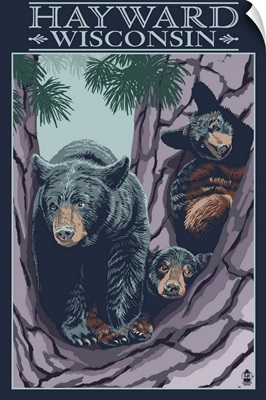 Hayward, Wisconsin - Bear and Cubs in Tree: Retro Travel Poster