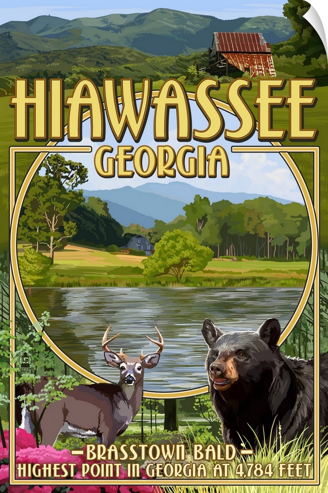 Retro stylized art poster of a collection of images with a wilderness scene in the center of the image.
