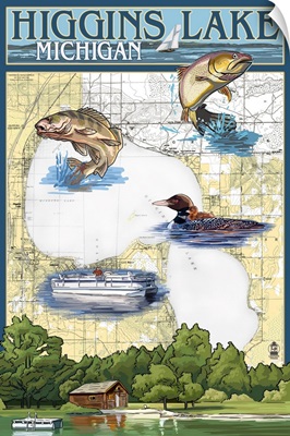 Higgins Lake, Michigan - Lake Chart: Retro Travel Poster
