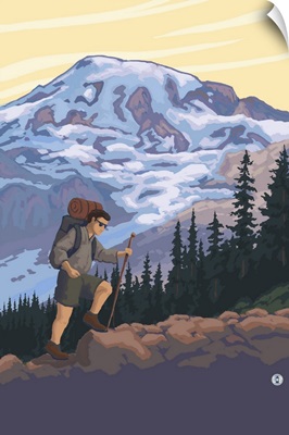 Hiker and Mountain: Retro Poster Art