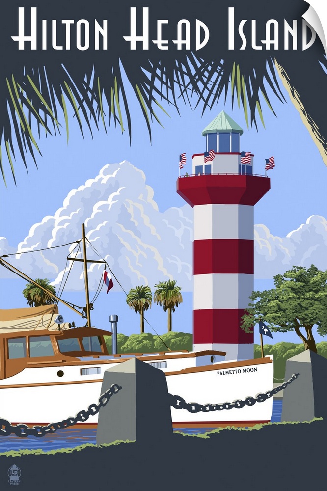 A retro stylized art poster of a boat docked near a lighthouse on the beach.