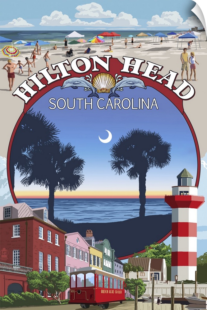 A retro stylized poster of a local scenes, beaches, and a light house in this artwork.