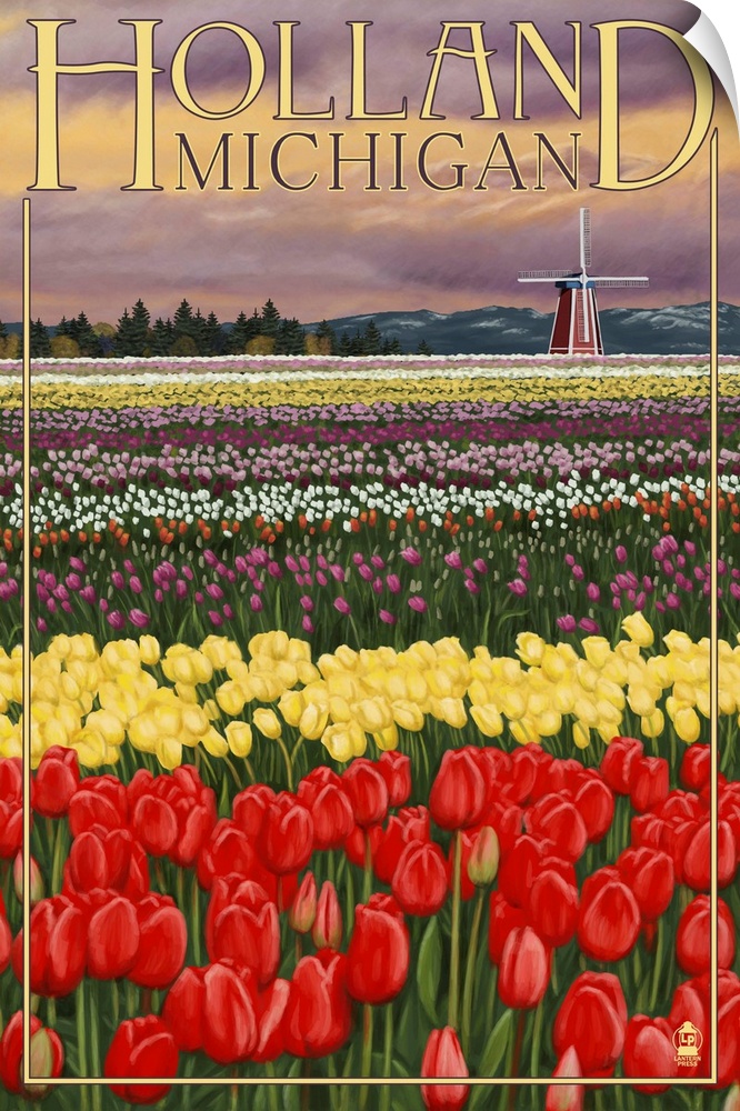 Retro stylized art poster of a tulip field with a windmill in the background.