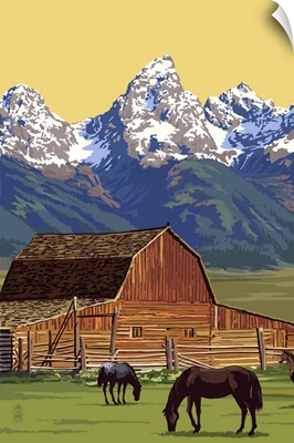Horses and Barn with Mountains: Retro Poster Art