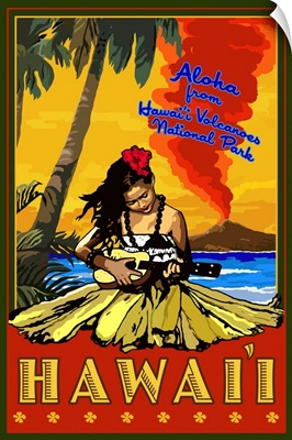 Hula Girl and Ukulele - Aloha From Hawaii Volcanoes National Park: Retro Travel Poster