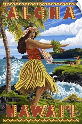 Hula Girl on Coast - Aloha Hawaii -  : Retro Travel Poster