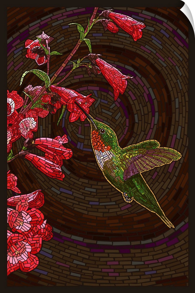 This stylized art work of a humming bird and flowers made out of small tiles to create the impression of a stain glass win...