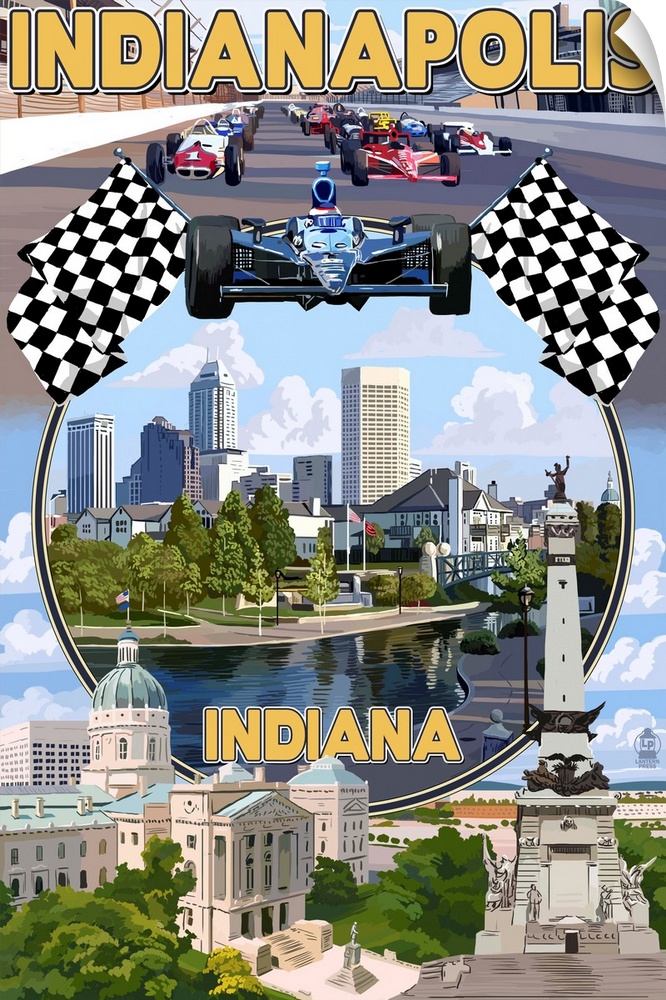 Retro stylized art poster of city scenes with race cars on a track, and views of a city.