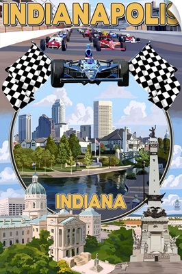 Indianapolis, Indiana - Montage Scenes: Retro Travel Poster
