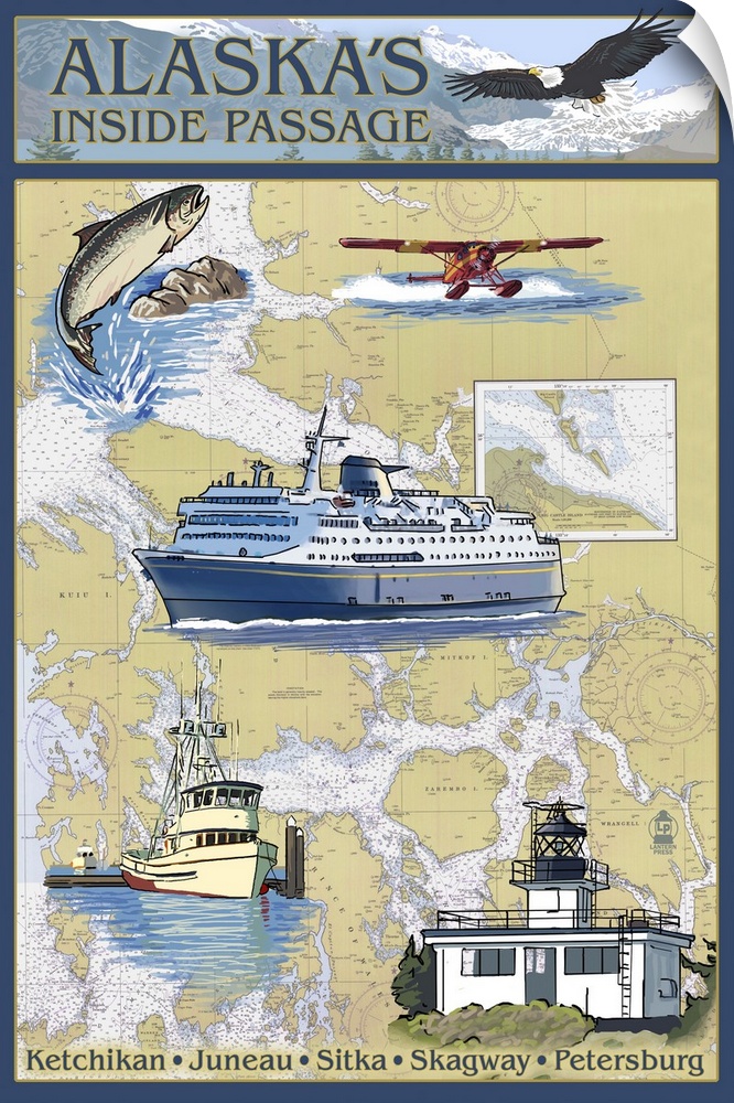 Inside Passage, Alaska - Nautical Chart: Retro Travel Poster
