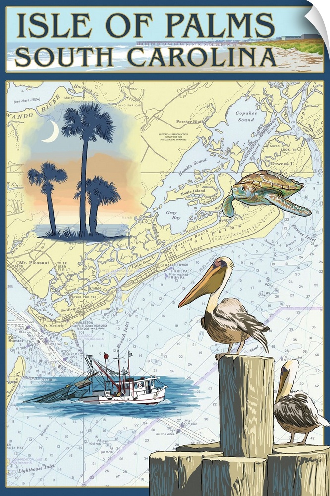 Isle of Palms, South Carolina - Nautical Chart: Retro Travel Poster