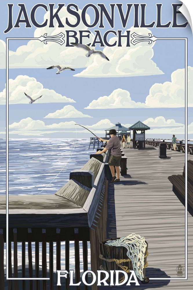 Jacksonville Beach, Florida - Fishing Pier Scene: Retro Travel Poster