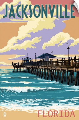 Jacksonville, Florida - Pier and Sunset: Retro Travel Poster