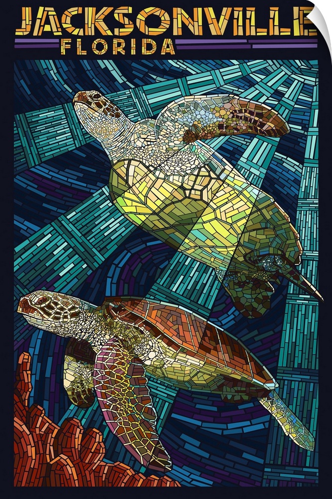 Jacksonville, Florida - Sea Turtle Paper Mosaic: Retro Travel Poster