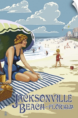 Jacksonville, Florida - Woman and Beach Scene: Retro Travel Poster
