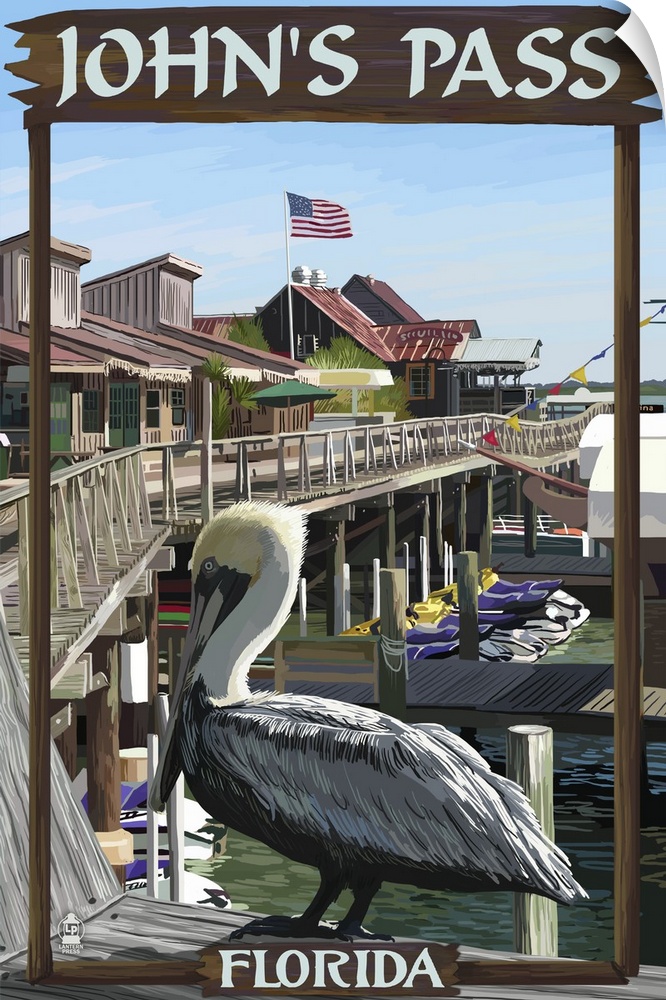 Retro stylized art poster of a pelican perched on the railing of a dock, with dockside huts in the background.