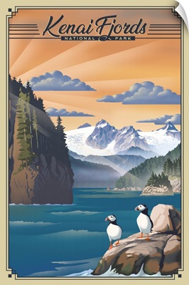 Kenai Fjords National Park, Puffins: Retro Travel Poster