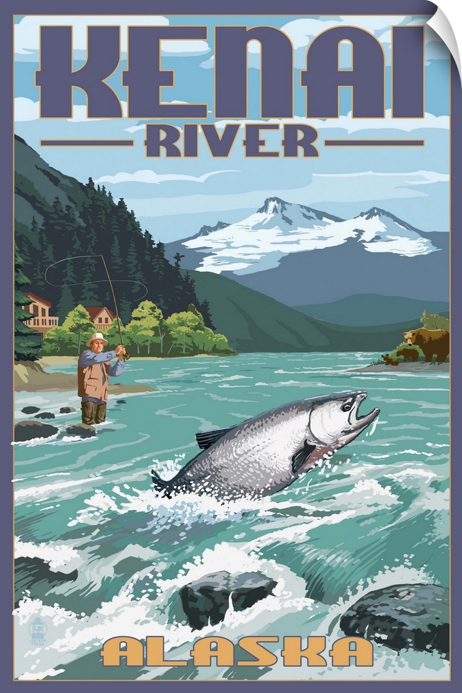 Retro stylized art poster of a fisherman catching a fish in a river.
