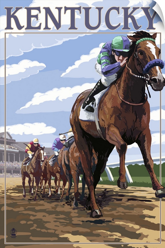 Retro stylized art poster of a group of horse racers. With a jockey on horseback out in front.