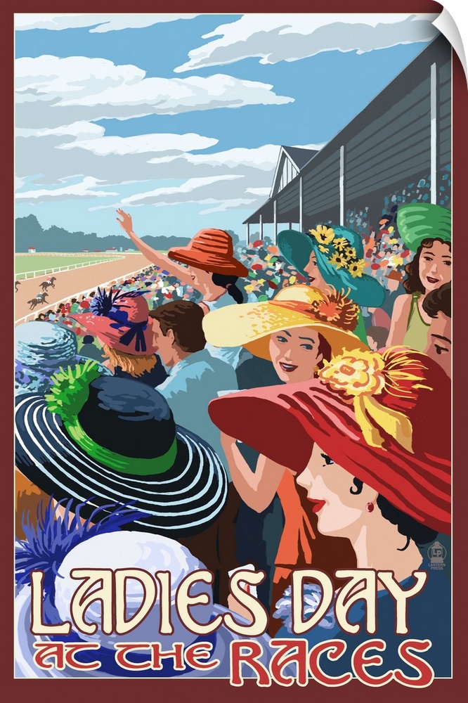 Retro stylized art poster of a large group of women wearing large hats, watching a horse race at a track.