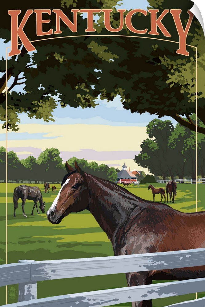 Retro stylized art poster of a field of horses, with a white picket fence in the foreground.