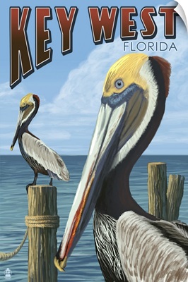Key West, Florida - Brown Pelican: Retro Travel Poster
