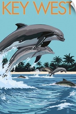 Key West, Florida - Dolphins Swimming: Retro Travel Poster