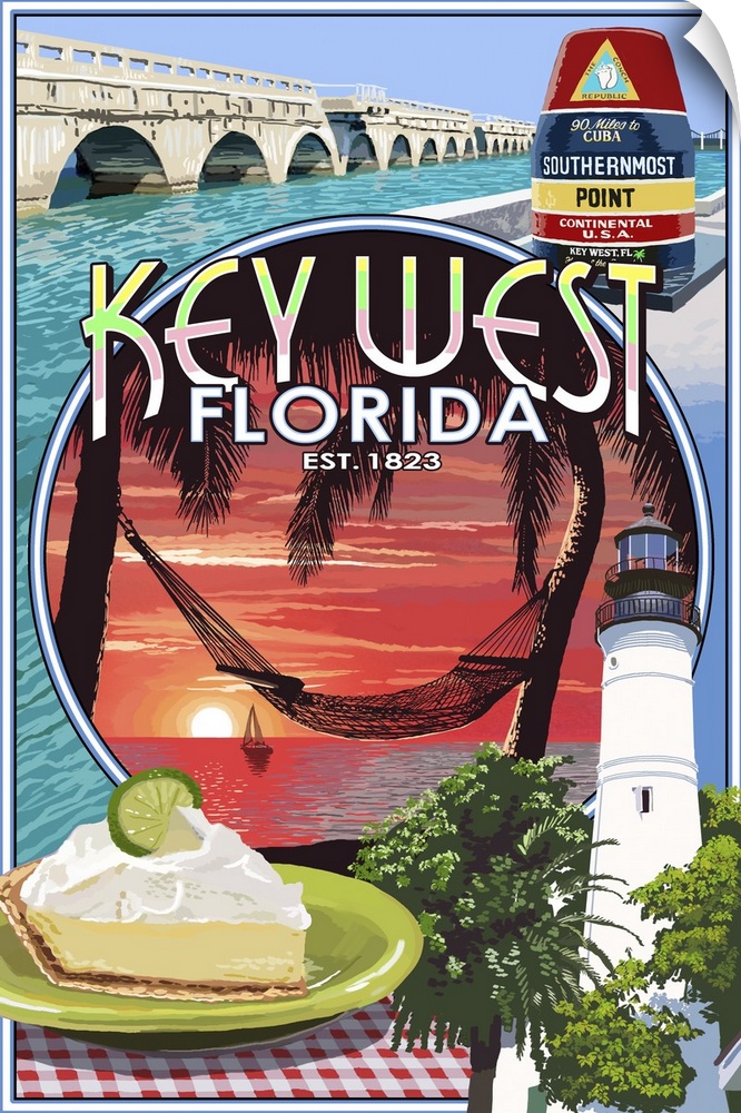 Retro stylized art poster of a collection of images, including a lighthouse and a slice of key lime pie. With a hammock ti...