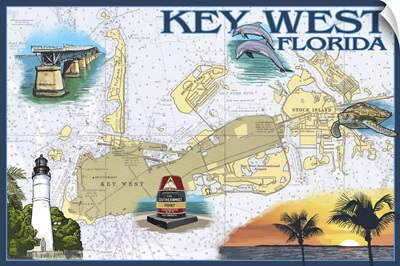 Key West, Florida - Nautical Chart: Retro Travel Poster